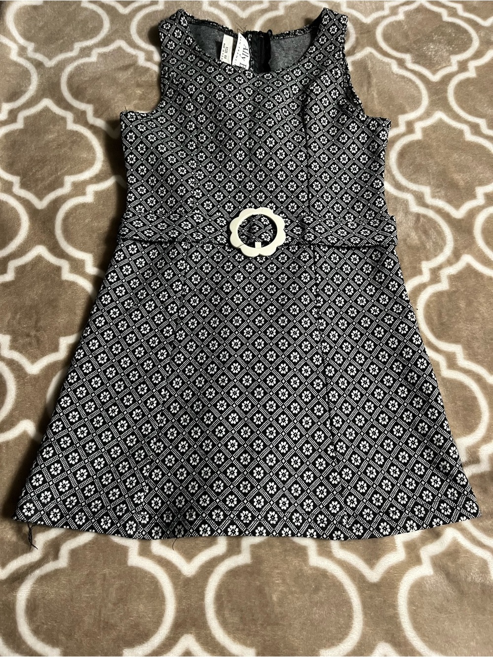 Vintage Black and White Geometric Belted Fit-and-Flare Dress